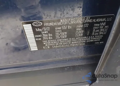 2022 Hyundai Santa Fe Limited z USA, uszkodzony, nr VIN 5NMS4DAL7NH471616